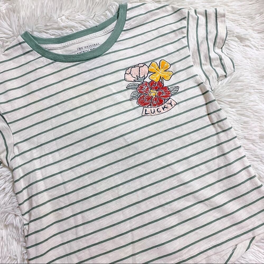 LUCKY BRAND • Striped Embroidered Floral Short Sleeve Top